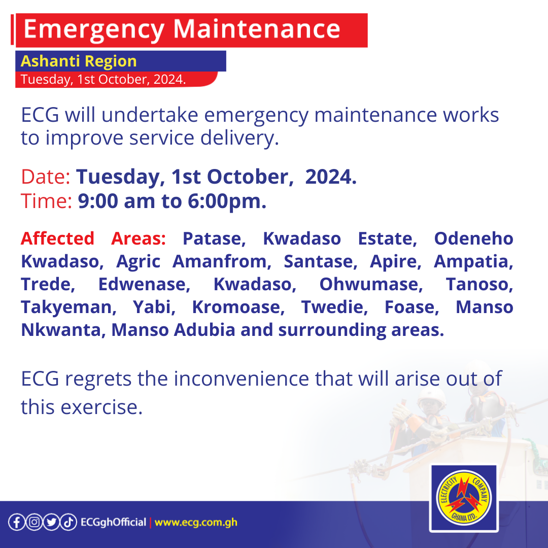 Electricity Company of Ghana Ltd Emergency Maintenance at Ashanti